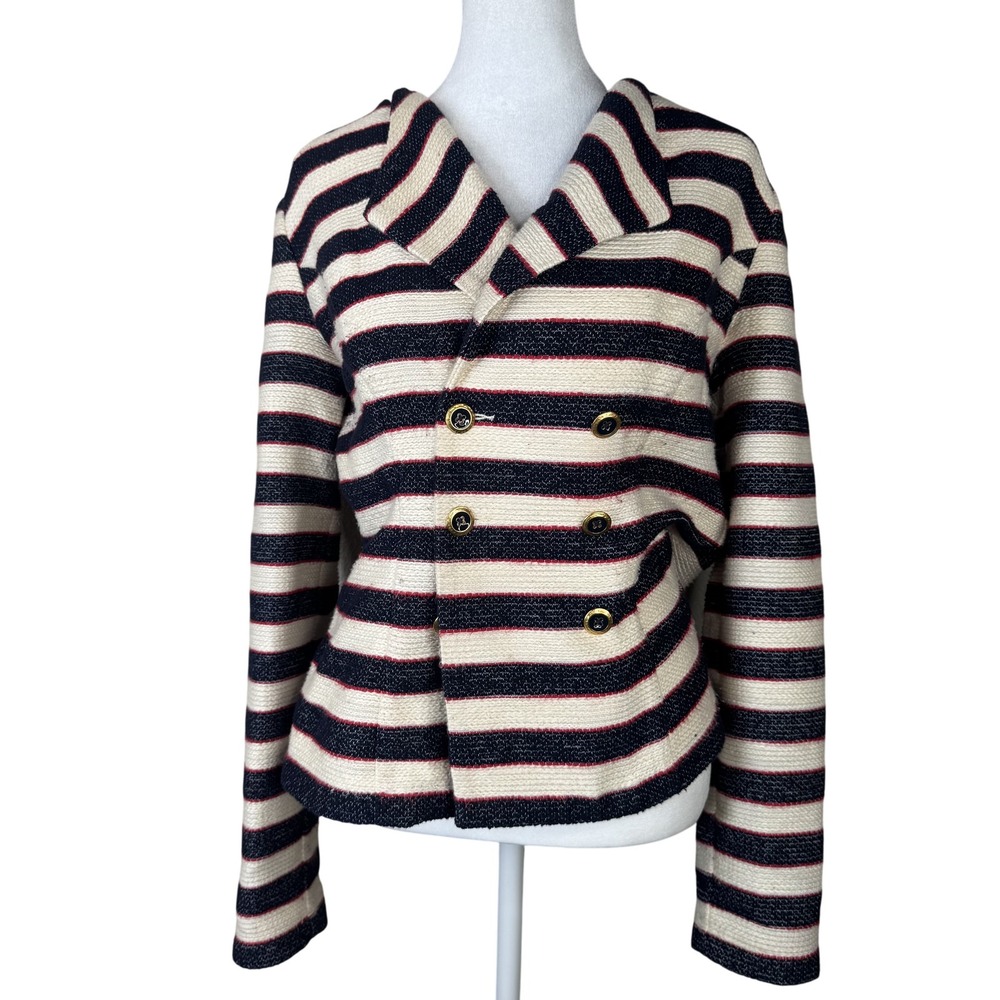 Cabi Jacket Womens 6 Navy Cream Striped Double Breasted‎ Blazer Nautical 5094